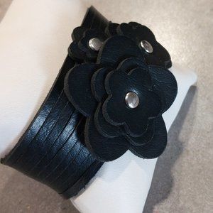 Women's Handmade Black String Leather Cuff w/Flower Design  - NWOT